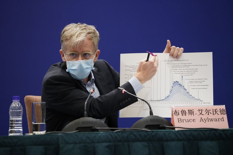 Bruce Aylward, an epidemiologist who led an advance team from the World Health Organization (WHO), speaks during a press conference of the China-WHO joint expert team in Beijing, capital of China, Feb. 24, 2020. (Xinhua/Xing Guangli)
