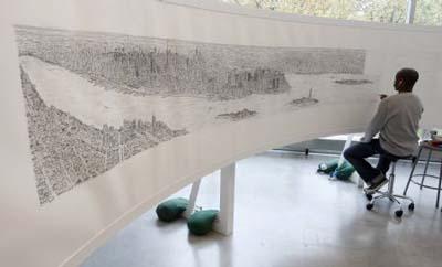 British&nbsp;artist&nbsp;Stephen&nbsp;Wiltshire&nbsp;works&nbsp;on&nbsp;a&nbsp;hand-drawn&nbsp;panorama&nbsp;of&nbsp;the&nbsp;skyline&nbsp;of&nbsp;New&nbsp;York,&nbsp;from&nbsp;a&nbsp;studio&nbsp;at&nbsp;the&nbsp;Pratt&nbsp;Institute&nbsp;in&nbsp;Brooklyn&nbsp;October&nbsp;28,&nbsp;2009.&nbsp;The&nbsp;18&nbsp;foot&nbsp;(5.5&nbsp;m)&nbsp;long&nbsp;panorama&nbsp;is&nbsp;being&nbsp;drawn&nbsp;from&nbsp;memory&nbsp;and&nbsp;will&nbsp;be&nbsp;displayed&nbsp;in&nbsp;the&nbsp;London&nbsp;gallery,&nbsp;which&nbsp;has&nbsp;similar&nbsp;drawings&nbsp;Wiltshire&nbsp;drew&nbsp;of&nbsp;Tokyo,&nbsp;Hong&nbsp;Kong,&nbsp;Rome,&nbsp;Madrid,&nbsp;Frankfurt,&nbsp;Dubai&nbsp;and&nbsp;Jerusalem.(Xinhua/Reuters&nbsp;Photo)