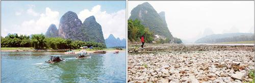 Combined photos show how the famous Lijiang River scenic area in Guilin, the Guangxi Zhuang autonomous region, is now dried up.[LiuXianglong and Zhuge Baoman/For China Daily] 