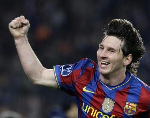 Barcelona's Lionel Messi of Argentina reacts after scoring a goal against Arsenal during their Champions League quarterfinal second leg soccer match at the Camp Nou Stadium in Barcelona, Spain, Tuesday, April 6, 2010. Messi scored four times as Barcelona beat Arsenal 4-1 to reach the Champions League semifinals for the third straight year. (Xinhua/Reuters Photo)