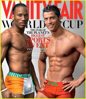 Portuguese&nbsp;footballer&nbsp;Cristiano&nbsp;Ronaldo&nbsp;of&nbsp;Real&nbsp;Madrid&nbsp;(R)&nbsp;and&nbsp;Ivorian&nbsp;footballer&nbsp;Didier&nbsp;Drogba&nbsp;from&nbsp;Chelsea&nbsp;are&nbsp;featured&nbsp;in&nbsp;the&nbsp;June&nbsp;2010&nbsp;cover&nbsp;of&nbsp;Vanity&nbsp;Fair&nbsp;magazine.&nbsp;The&nbsp;World&nbsp;Cup's&nbsp;stars&nbsp;pose&nbsp;for&nbsp;Annie&nbsp;Leibovitz&nbsp;wearing&nbsp;the&nbsp;colors&nbsp;of&nbsp;their&nbsp;national&nbsp;flag&nbsp;and&nbsp;little&nbsp;else.&nbsp;For&nbsp;the&nbsp;June&nbsp;issue&nbsp;of&nbsp;Vanity&nbsp;Fair,&nbsp;Annie&nbsp;Leibovitz&nbsp;set&nbsp;out&nbsp;to&nbsp;capture&nbsp;some&nbsp;of&nbsp;the&nbsp;sport's&nbsp;biggest&nbsp;stars,&nbsp;including&nbsp;Sulley&nbsp;Muntari&nbsp;(Inter&nbsp;Milan/Ghana),&nbsp;Landon&nbsp;Donavan&nbsp;(L.A&nbsp;Galaxy/USA),&nbsp;Kaká&nbsp;(Real&nbsp;Madrid/Brazil)&nbsp;and&nbsp;Samuel&nbsp;Eto’o&nbsp;(Inter&nbsp;Milan/Cameroon),&nbsp;Pato&nbsp;(A.C&nbsp;Milan/Brazil),&nbsp;Gianluigi&nbsp;Buffon&nbsp;(Juventus&nbsp;[Turin]/Italy),&nbsp;Dejan&nbsp;Stankovic&nbsp;(Inter&nbsp;Milan/Serbia),&nbsp;Carlton&nbsp;Cole&nbsp;(West&nbsp;Ham&nbsp;United/England)&nbsp;and&nbsp;Michael&nbsp;Ballack&nbsp;(Chelsea/Germany).[Photo/sina.com.cn]