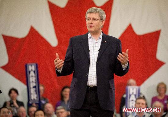 Photo released by Canada's Conservative Party shows its leader and Canadian Prime Minister Stephen Harper addresses a rally in Stratford, Prince Edward Island, Canada, May 1, 2011. (Xinhua Photo)