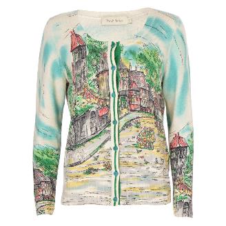 央视网上商城 艺术印花图案女士<em>圆领</em>羊绒<em>开衫</em>