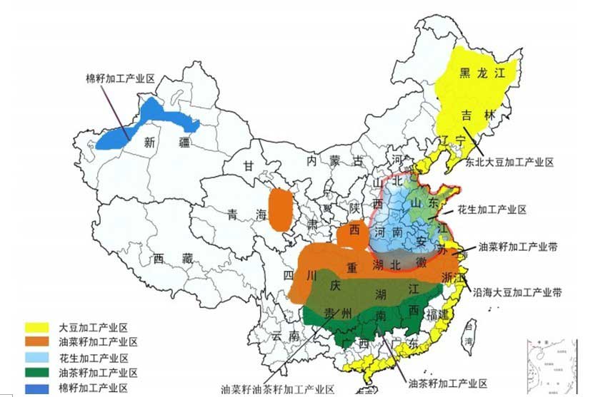 中国油料加工分布区域图