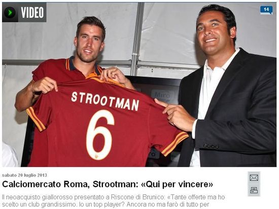 《罗马体育报》：罗马为斯特罗曼解封本已退役的6号球衣