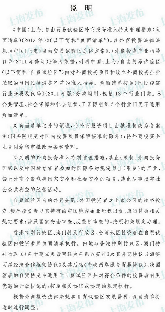 上海自贸区负面清单公布 总共18大类
