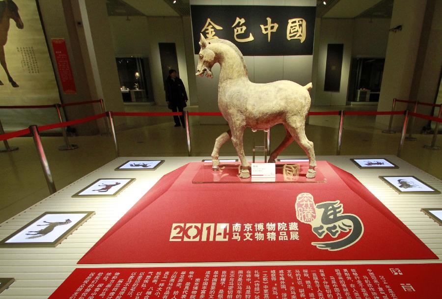     （1）1月22日，参观者在南京博物院特展馆欣赏东汉年间的陶马。