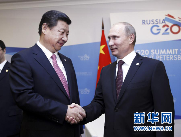 2013年9月5日，国家主席习近平在圣彼得堡会见俄罗斯总统普京。新华社记者 鞠鹏 摄