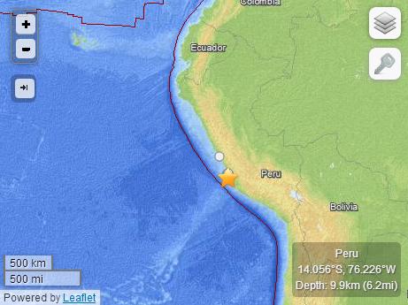 秘鲁南部沿海发生6.2级地震 震源深度9.9公里_