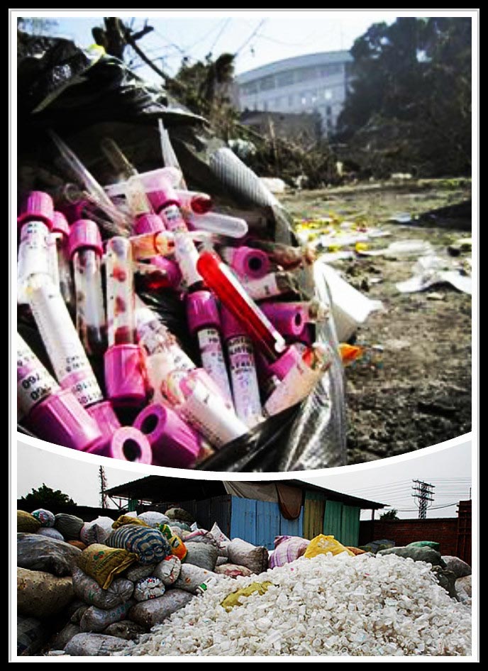 图为之前湖北媒体曝光了黄石市第二人民医院旁随意堆放的医疗垃圾。