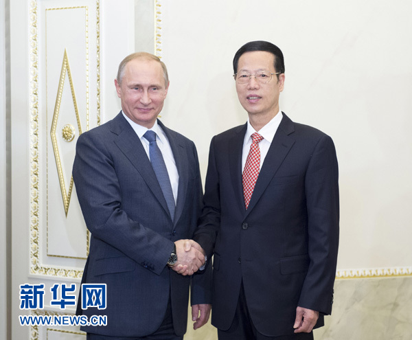 6月18日，国务院副总理张高丽在圣彼得堡会见俄罗斯总统普京。新华社记者 王晔 摄