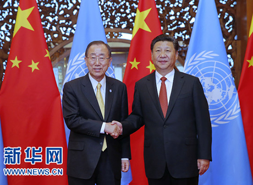 7月7日，国家主席习近平在北京钓鱼台国宾馆会见联合国秘书长潘基文。新华社记者鞠鹏摄