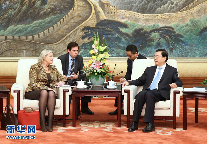 11月7日，全国人大常委会委员长张德江在北京会见荷兰议会一院议长布勒克－克诺尔。