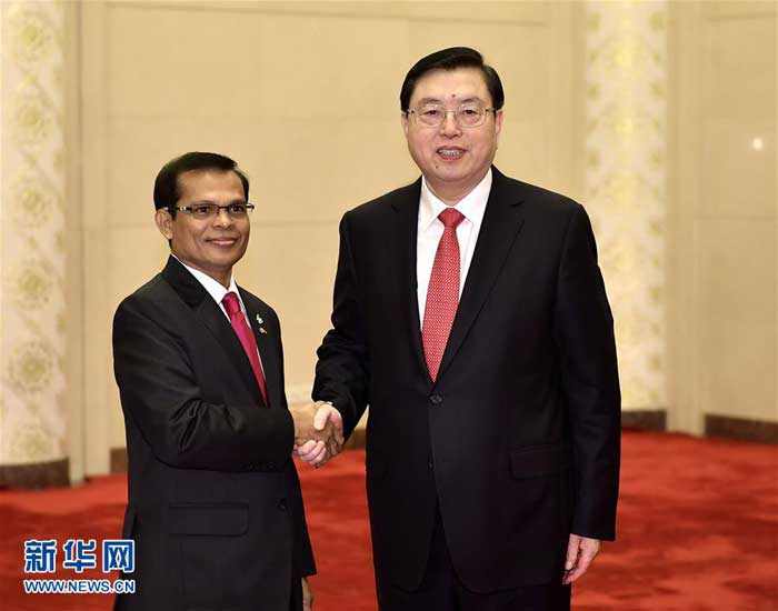 12月7日，全国人大常委会委员长张德江在北京人民大会堂与马尔代夫议长马斯赫举行会谈。