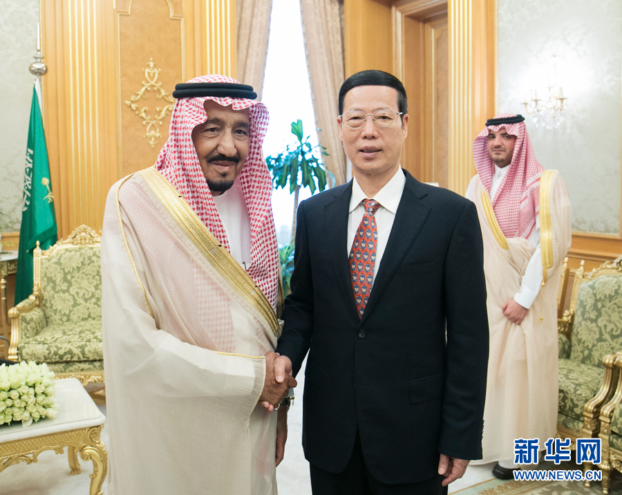 8月24日，应邀访问沙特的中共中央政治局常委、国务院副总理张高丽在吉达会见沙特国王萨勒曼。 新华社记者王晔摄