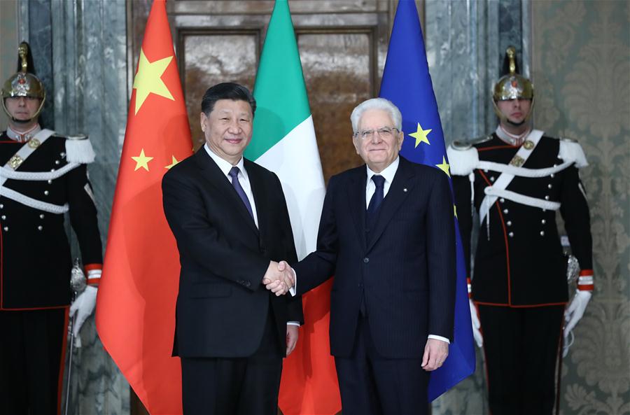 Chinese President Xi Jinping (L, front) and his Italian counterpart Sergio Mattarella (R, front) hold talks in Rome, Italy, March 22, 2019. (Xinhua/Ju Peng)