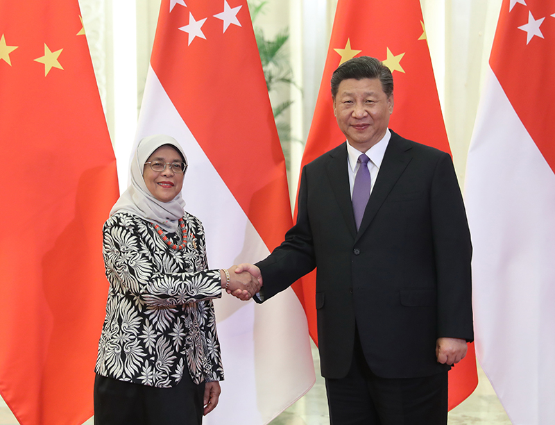 5月14日，国家主席习近平在北京人民大会堂会见来华出席亚洲文明对话大会的新加坡总统哈莉玛。