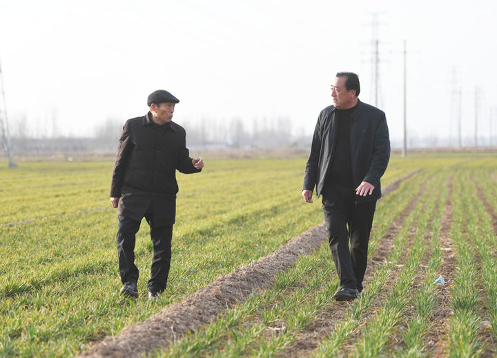 2月21日,在河南省濮阳市庆祖镇的高标准农田内,李连成(左)和种粮大户交流。新华社记者 张浩然 摄