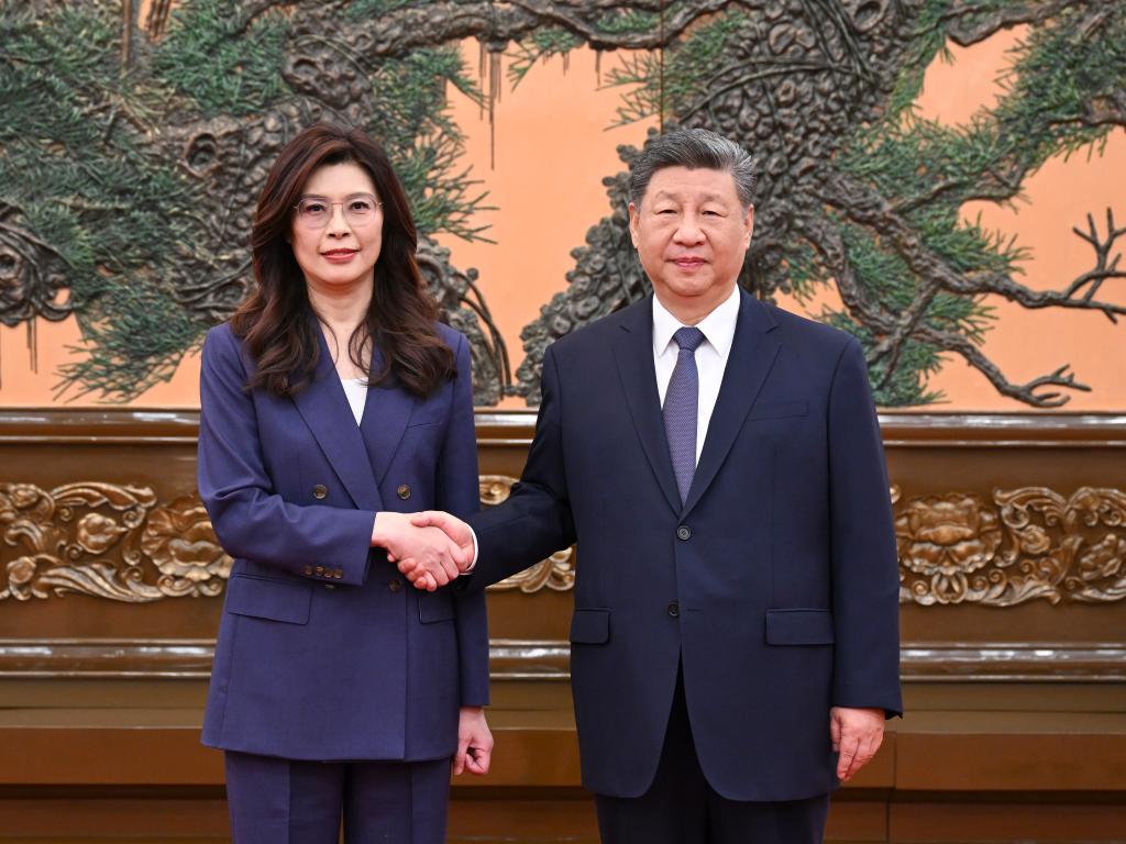 Xi Jinping, general secretary of the Communist Party of China (CPC) Central Committee, meets with a delegation of the Chinese Kuomintang (KMT) party led by its chairwoman Cheng Li-wun in Beijing, capital of China, April 10, 2026. (Xinhua/Xie Huanchi)