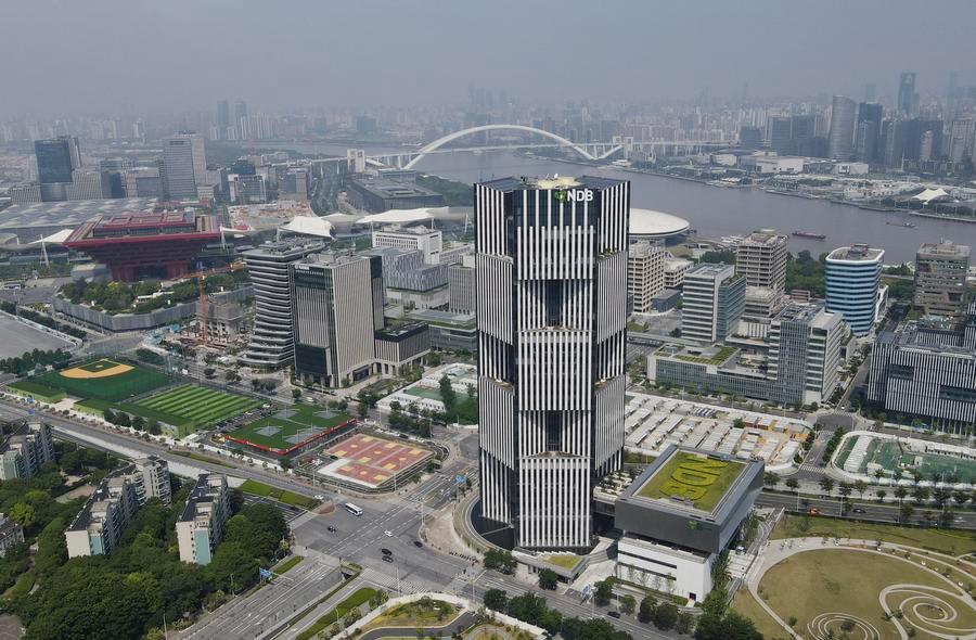 A drone photo taken on June 17, 2022 shows the headquarters building of the New Development Bank in east China‘s Shanghai. (Xinhua/Fang Zhe)
