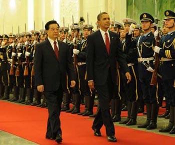 Hu Jintao accueille Barack Obama à Beijing