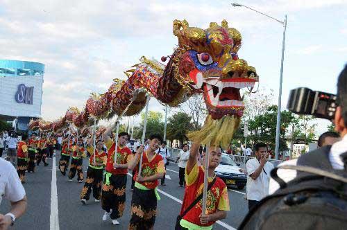 People perform dragon dance to welcome the Chinese traditional lunar New Year in front of the biggest shopping mall of Philippines in Manila, Feb. 13, 2010. (Xinhua/Tan Weibing)