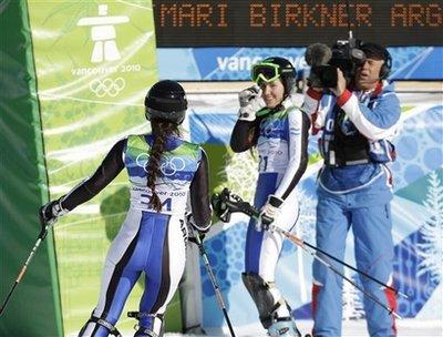 Argentina's Maria Belen Simari-Birkner gestures to her sister Macarena after crashing during the slalom portion of the Women's super combined at the Vancouver 2010 Olympics in Whistler, British Columbia, Thursday, Feb. 18, 2010. (AP Photo/Sergey Ponomarev)