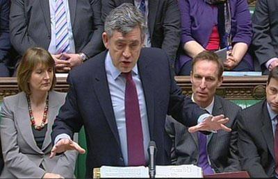 Britain's Prime Minister Gordon Brown speaks during Prime Minister's Questions in the House of Commons, London in this image taken from TV Wednesday April 7, 2010. (AP Photo/ PA)