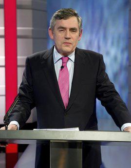 Britain's Labour party leader Gordon Brown during their first ever live televised political debate being broadcast to the nation, from the TV studios in Manchester, England, Thursday April 15, 2010. (AP Photo / Rob Evans)