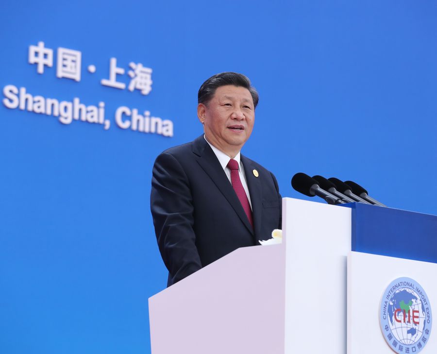 Chinese President Xi Jinping delivers a keynote speech at the opening ceremony of the second China International Import Expo (CIIE) in Shanghai, east China, Nov. 5, 2019. The second CIIE kicked off Tuesday at the National Exhibition and Convention Center in Shanghai. (Xinhua/Ju Peng)