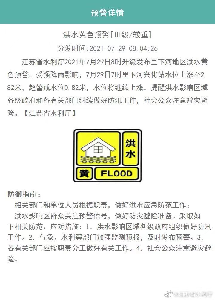 注意江苏今晨发布三条洪水预警涉淮河新沂河里下河地区