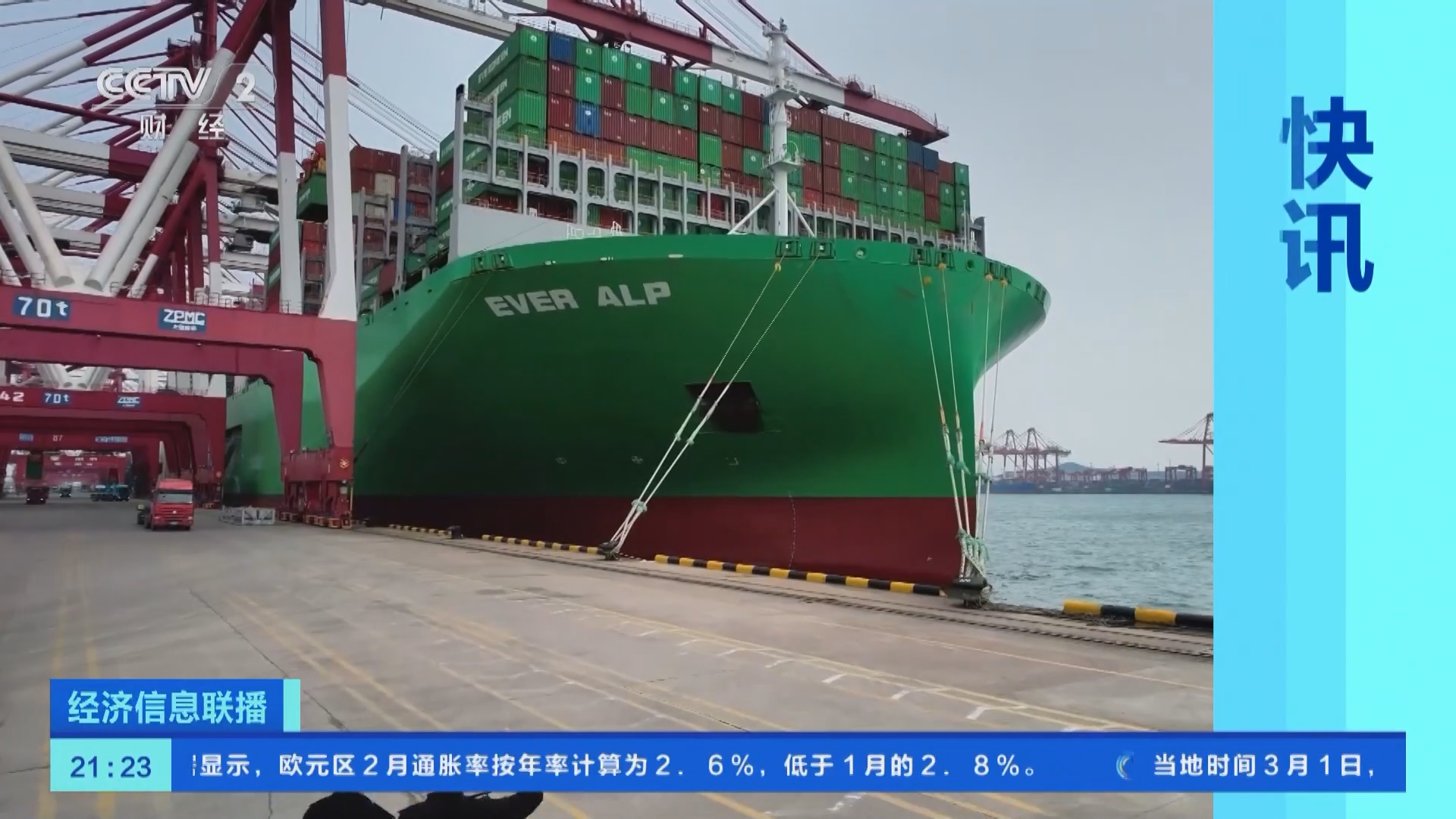 [经济信息联播]快讯 全球最大级别集装箱货轮在青岛入境靠泊