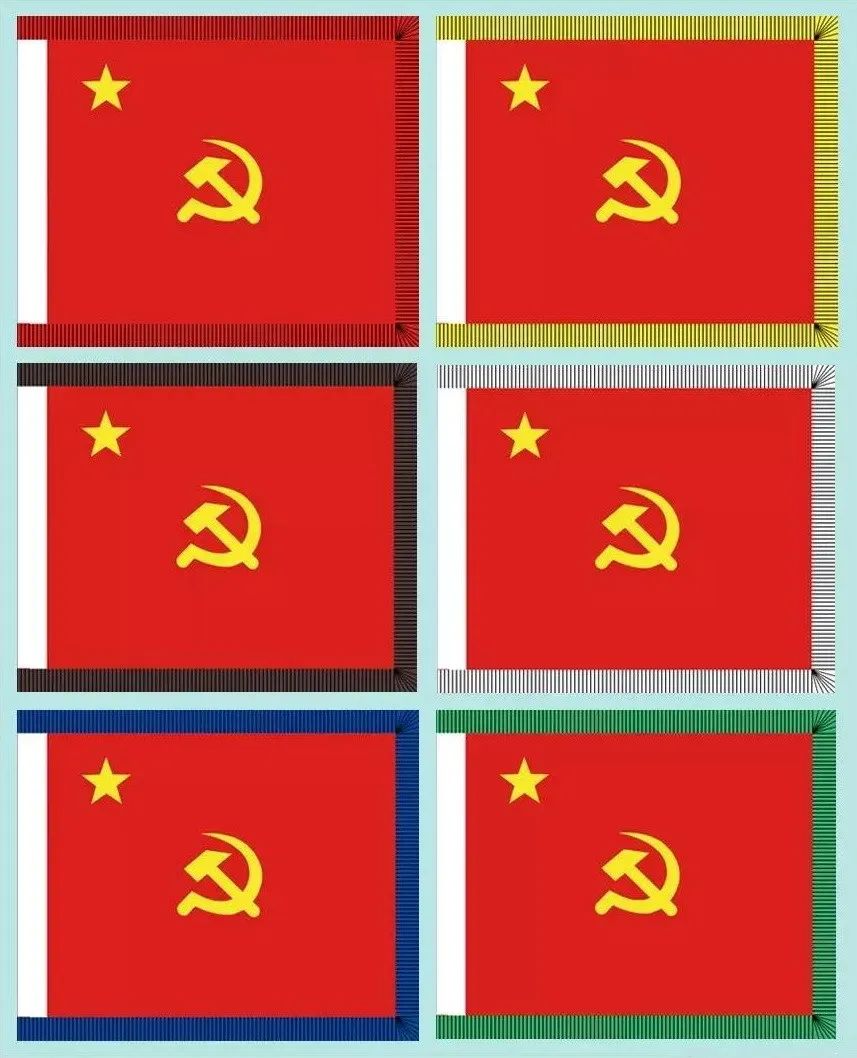 31式红军兵种旗（效果图）：步兵旗、骑兵旗、炮兵旗、工兵旗、辎重兵旗、医护兵旗（从左至右）。