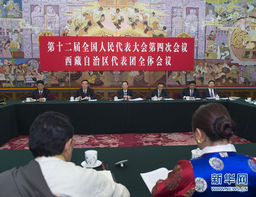 3月10日，中共中央政治局常委、国务院副总理张高丽参加十二届全国人大四次会议西藏代表团的审议。 新华社记者王晔摄