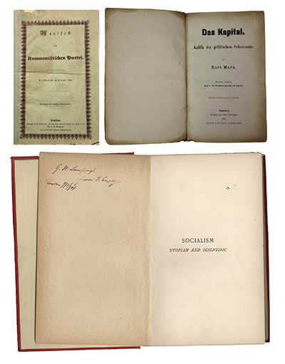左上图为1848年《共产党宣言》德文第一版。右上图为1867年《资本论》德文第1卷第一版。下图为恩格斯的题字赠书《社会主义从空想到科学的发展》，1892年英文版。 中央党史和文献研究院供图