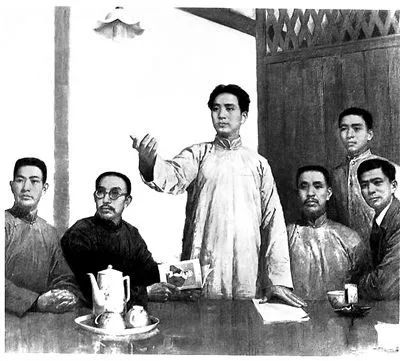 油画《在党的第一次代表大会上》，左起依次是王尽美、何叔衡、毛泽东、董必武、邓恩铭、陈潭秋