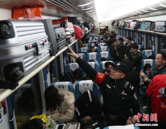 资料图：乘警在列车上进行安全检查。中新社记者 张畅 摄
