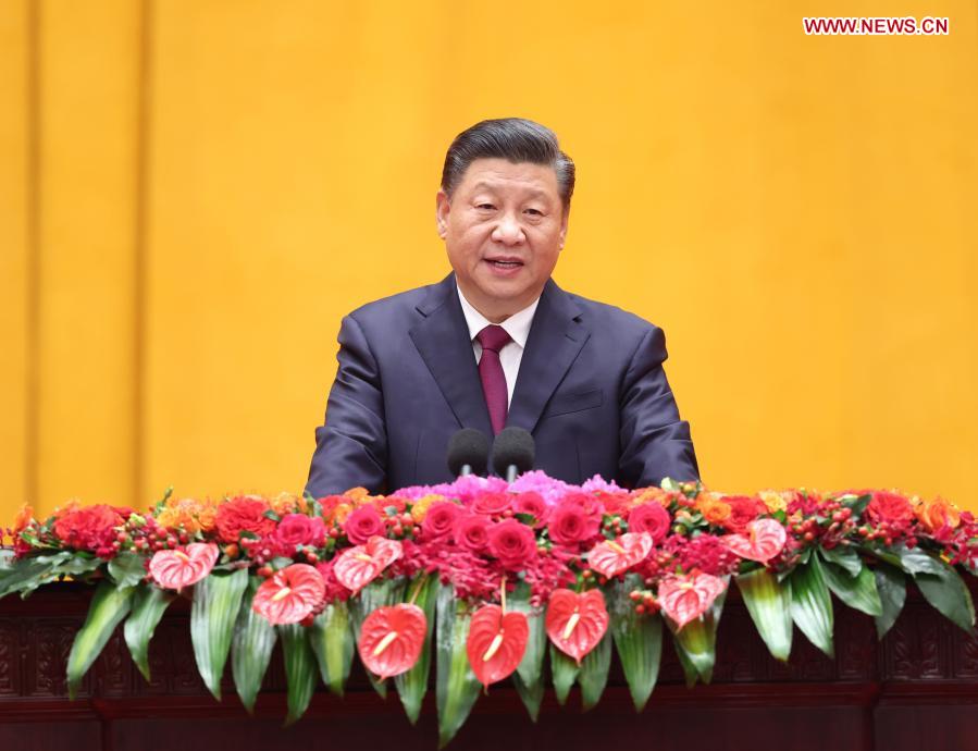 Chinese President Xi Jinping, also general secretary of the Communist Party of China (CPC) Central Committee and chairman of the Central Military Commission, addresses a Chinese Lunar New Year reception at the Great Hall of the People in Beijing, capital of China, Feb. 10, 2021. The CPC Central Committee and the State Council held the reception on Wednesday in Beijing. (Xinhua/Pang Xinglei)
