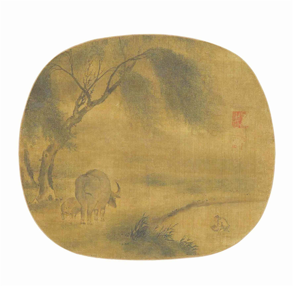 柳下双牛纨扇（国画）  宋   佚名  上海博物馆藏