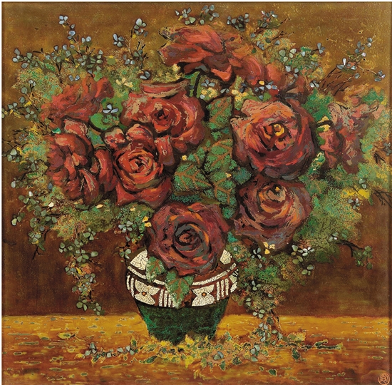 黄裳 玫瑰与霞草 50×50cm　漆画　1980年 中国美术学院美术馆藏