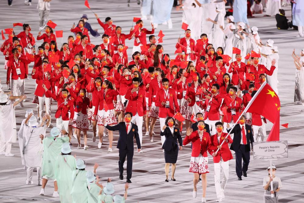 △2021年7月23日第32届夏季奥林匹克运动会开幕式在日本东京举行。图为中国体育代表团入场。