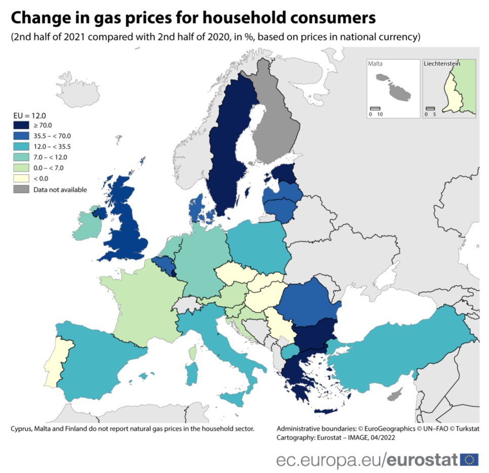 The deeper the color, the greater the increase. (The figure shows the year-on-year increase in the second half of 2021 compared with the second half of 2020, based on the currency prices of various countries. ) Image source: Eurostat