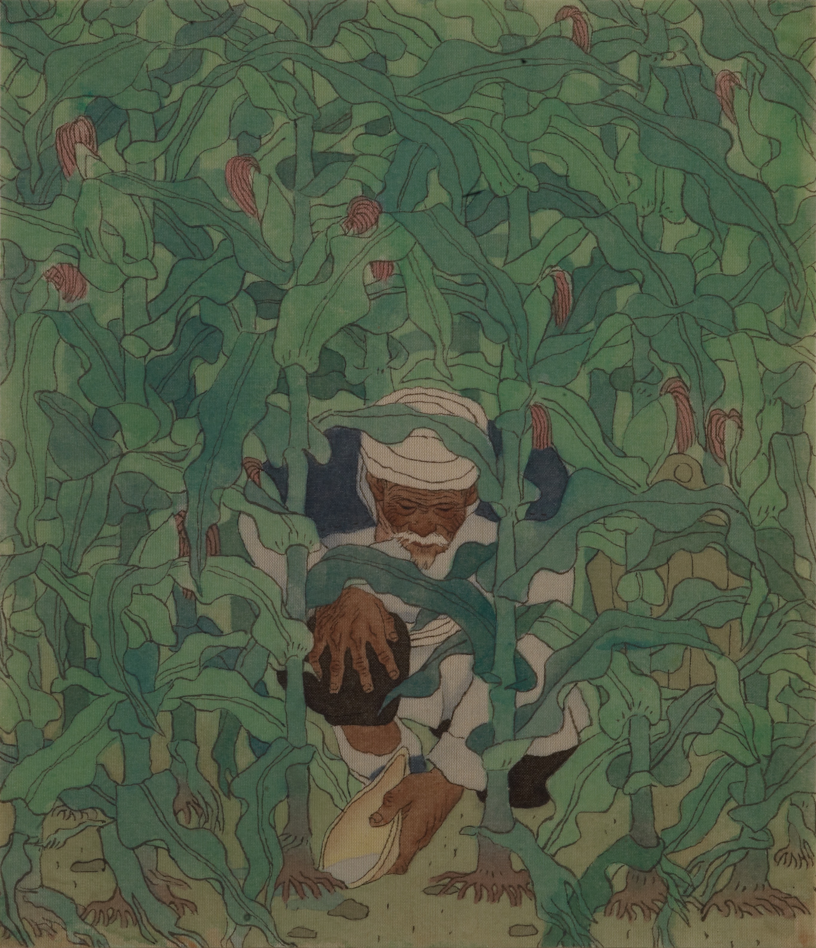 种苞谷的老人之十一  任建国  绢本工笔重彩 18.8X15.5cm 1984年 中国美术馆藏