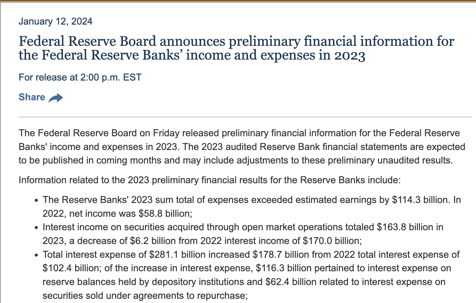 美联邦储备银行2023年支出总额比预期收入高出1143亿美元 激进加息伤到自己？