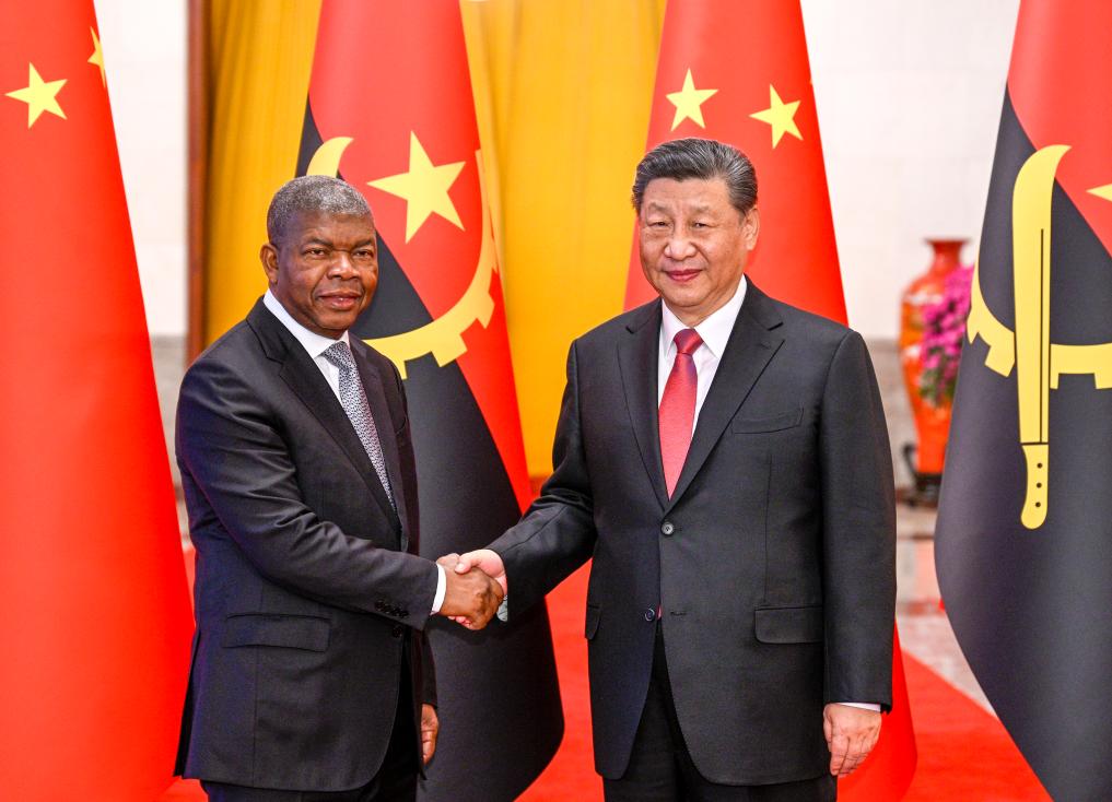Chinese President Xi Jinping holds a welcome ceremony for President of the Republic of Angola Joao Lourenco in the Northern Hall of the Great Hall of the People prior to their talks in Beijing, capital of China, March 15, 2024. Xi held talks with Lourenco, who is on a state visit to China, in Beijing on Friday. (Xinhua/Li Xueren)