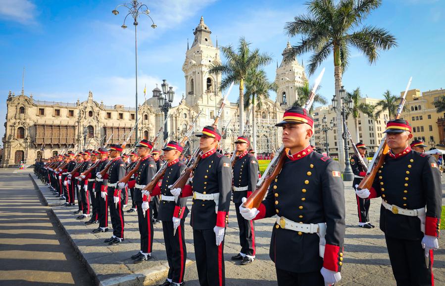 Chinese President Xi Jinping attends a grand welcome ceremony hosted by Peruvian President Dina Boluarte in Lima, Peru, Nov. 14, 2024. (Xinhua/Li Muzi)