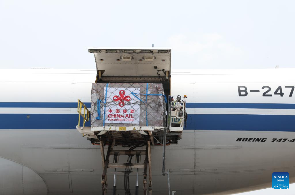 The second batch of emergency humanitarian aid supplies dispatched by the Chinese government arrives at Yangon International Airport in Yangon, Myanmar, April 3, 2025. (Xinhua/Jia Haocheng)