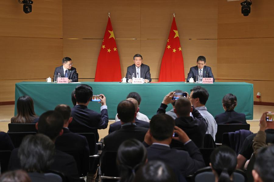 A press briefing is held by the Chinese side following the China-U.S. high-level meeting on economic and trade affairs in Geneva, Switzerland, on May 11, 2025. (Xinhua/Zhao Dingzhe)