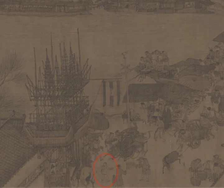 张择端《清明上河图》局部，图中圈出人物疑似“外卖小哥”。