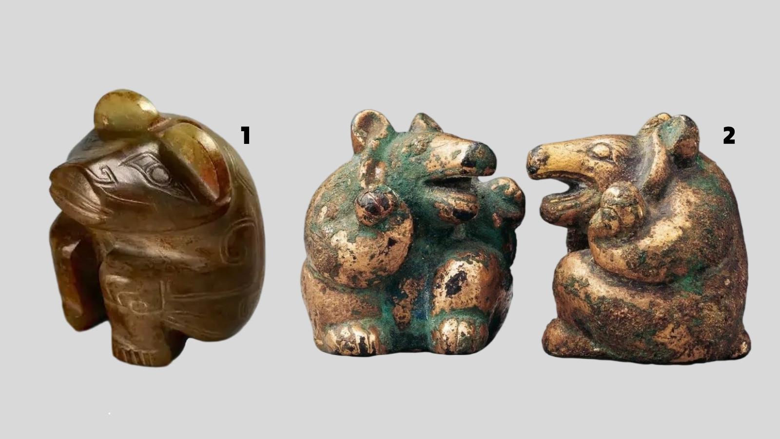 1：玉熊 商代 殷墟博物馆藏2：鎏金熊形青铜镇 汉代 中国国家博物馆藏